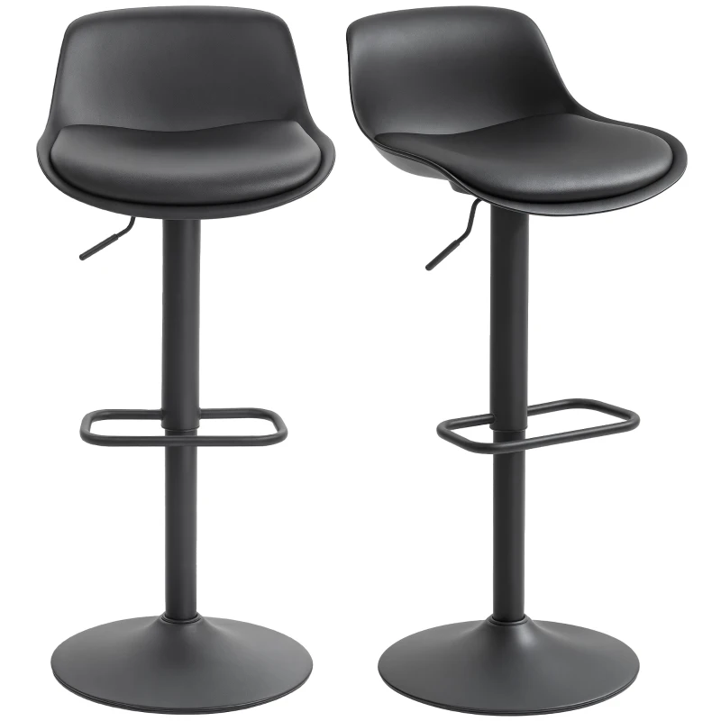 HOMCOM Counter Height Bar Stools Set of 2, Streamlined Bar Chairs with Adjustable Height and Swivel PU Leather Seat, Black