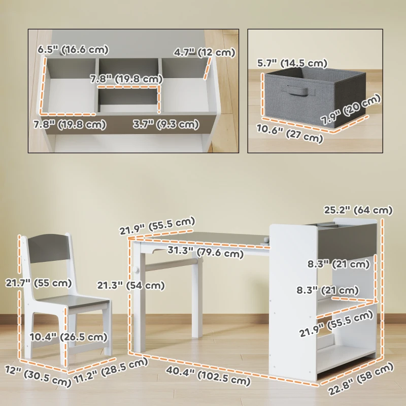 Qaba Kids Table and Chairs Set, Toddler Art Table and Chair Set with Paper Roll, Storage Shelves and Drawers, Grey