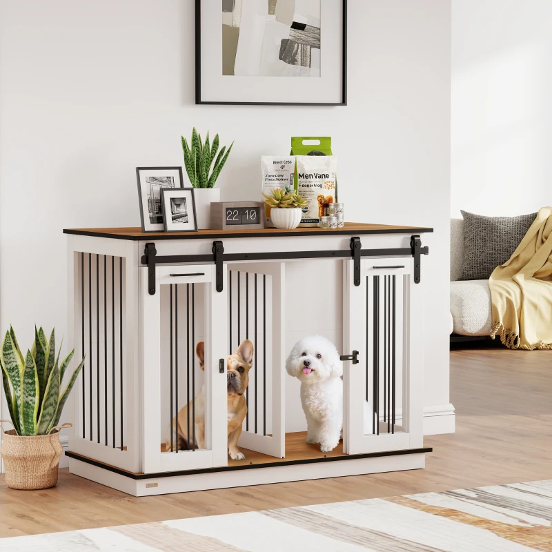PawHut 47in Dog Crate Furniture with Divider Panel, Wooden Dog Kennel TV Stand for Large Breeds, Pet House Side Table for 2 Small Breeds with 2 Rooms Design, 2 Sliding Doors, White