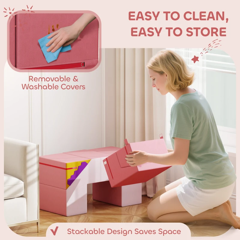 Qaba 2-Piece Climbing Foam Blocks for Toddlers with Detachable Cover, Indoor Climb and Crawl Activity PlaySet, Pink