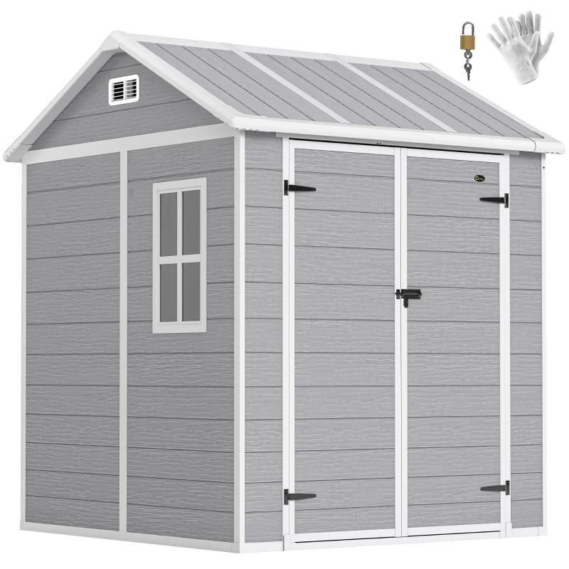 Outsunny 6' x 6' Resin Outdoor Storage Shed with Floor, Window, Lockable Doors and Vents for Backyard Patio Lawn, Grey