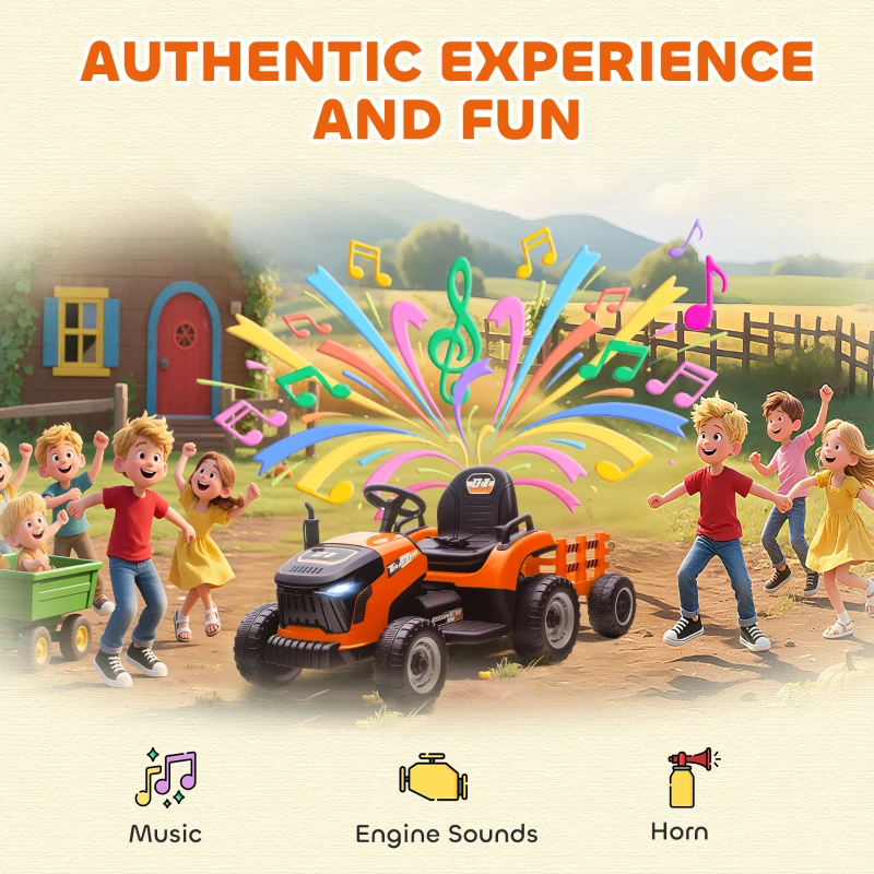 Qaba 12V Kids Ride On Tractor with Trailor, Remote Control, Music, Lights, Shifter, for Kids Ages 3-8 Years, Orange