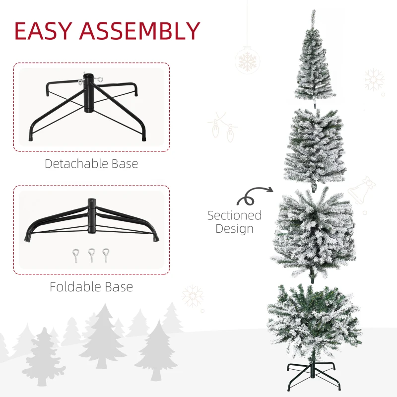 HOMOM 7.5ft Flocked Christmas Tree, Pencil Artificial Xmas Tree with Faux Snow, Dense Branches, Foldable Metal Base for Indoor Holiday Decor