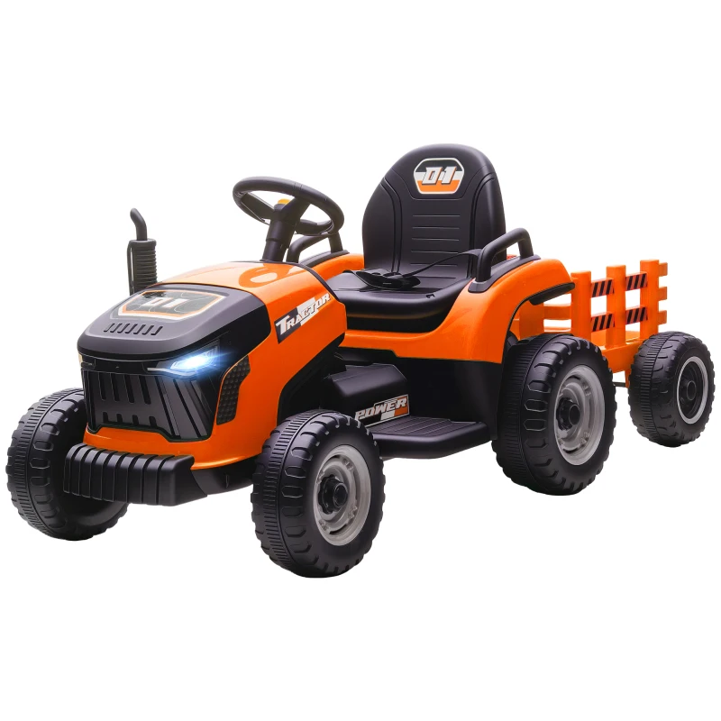 Qaba 12V Kids Ride On Tractor with Trailor, Remote Control, Music, Lights, Shifter, for Kids Ages 3-8 Years, Orange