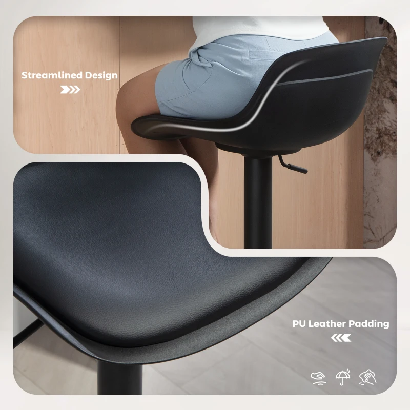 HOMCOM Counter Height Bar Stools Set of 2, Streamlined Bar Chairs with Adjustable Height and Swivel PU Leather Seat, Black