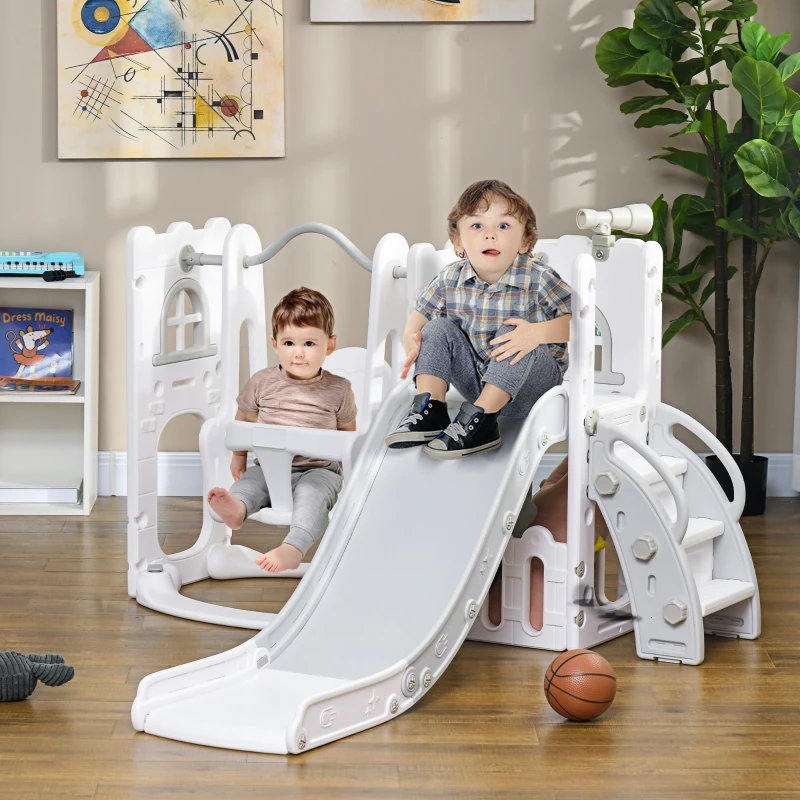 Qaba 6-in-1 Slide and Swing Set Baby Swing Playset Indoor with Basketball Hoop, Climber, Storage Space, Telescope, Grey