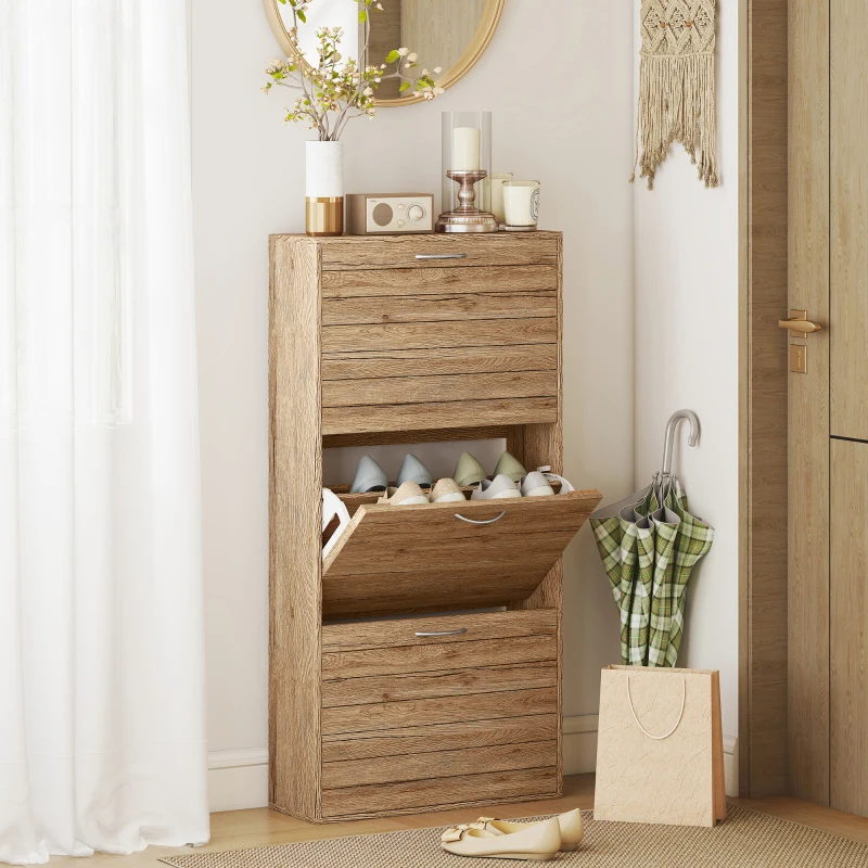 HOMCOM Shoe Storage Cabinet with 3 Flip Drawers, Narrow and Slim, 12 Pair of Shoes Organizer for Hallway, Entryway, Oak