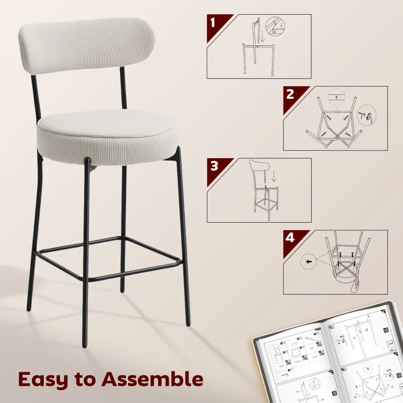 HOMCOM Set of 2 Barstools, Upholstered Corduroy Bar Stools with Backrest, Footrest for Kitchen Island, Dining Room, Cream White