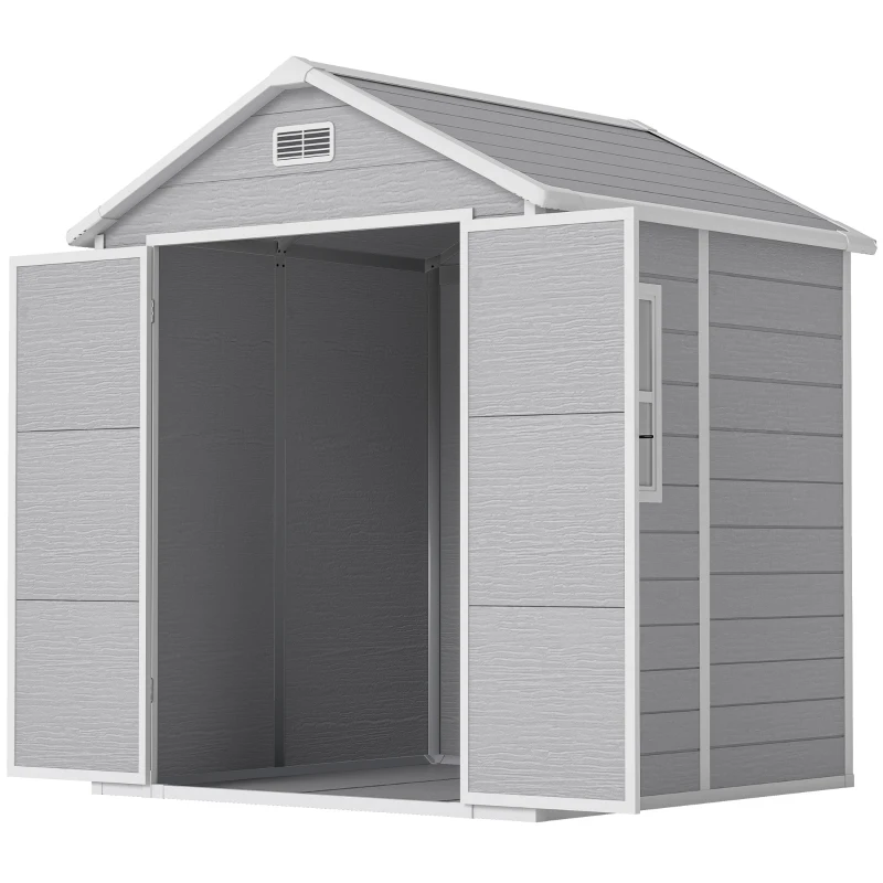 Outsunny 6' x 5' Plastic Outdoor Storage Shed, Garden Shed with Floor, Window, Lockable Doors and Vents, Wood Effect Grey
