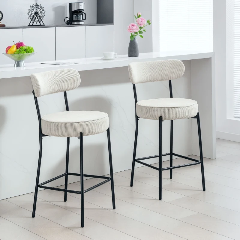 HOMCOM Set of 2 Barstools, Upholstered Corduroy Bar Stools with Backrest, Footrest for Kitchen Island, Dining Room, Cream White