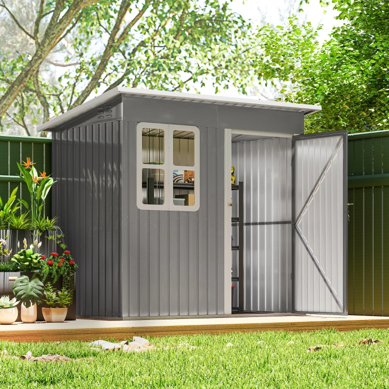 Outsunny 7' x 4' Galvanised Steel Outdoor Storage Shed, Garden Shed with Window, Lockable Wide Door and Air Vents, Dark Grey