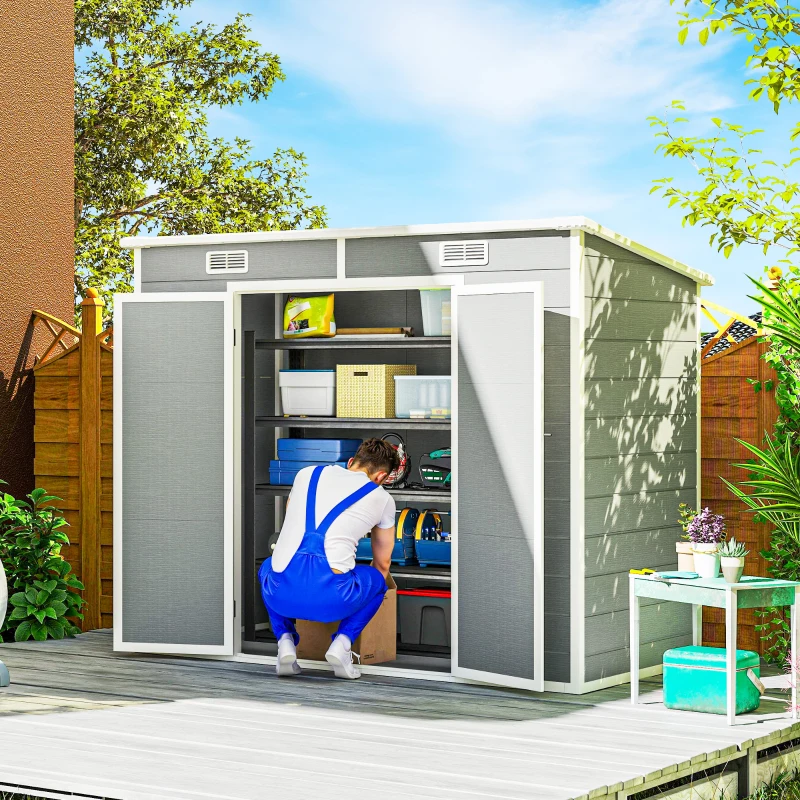 Outsunny 8' x 4' Resin Outdoor Storage Shed with Floor, Window, Lockable Doors and Vents for Backyard Patio Lawn, Light Grey