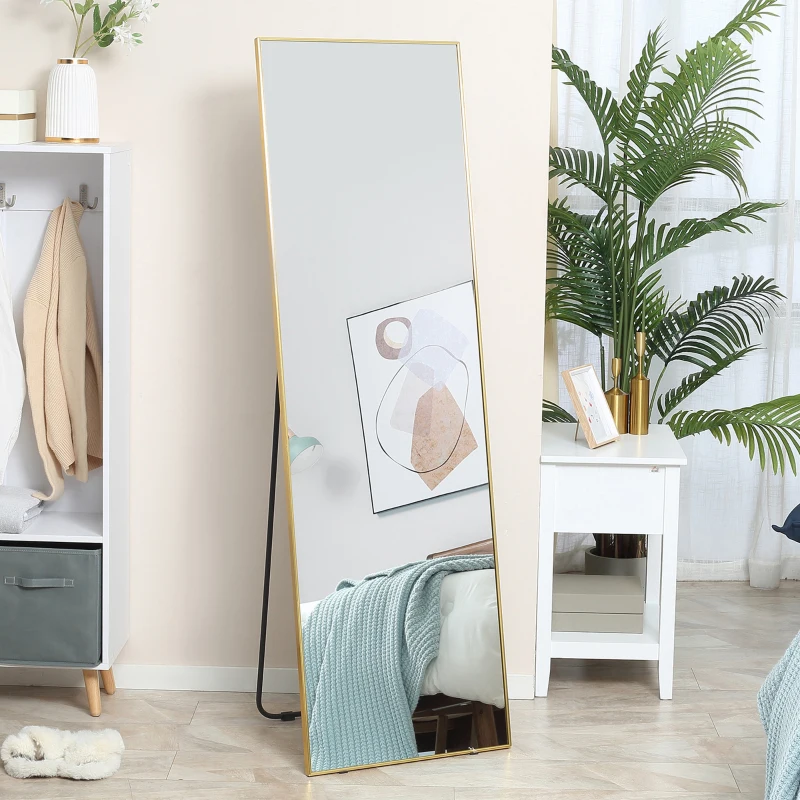 HOMCOM 63"x20" Full Length Mirror, Floor Standing, Wall-Mounted or Leaning Against Wall Tall Mirror w/Support Frame, Rectangular Full Body Mirror for Bedroom, Living Room, Gold