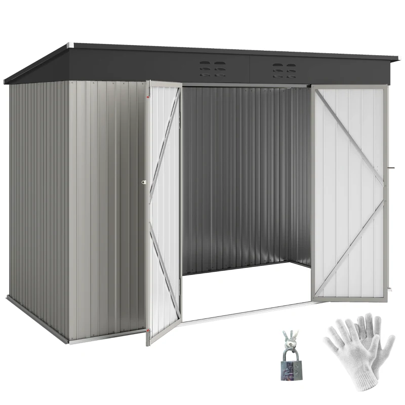Outsunny 9' x 4' Galvanized Steel Garden Storage Shed with Lockable Doors, Gloves and 2 Air Vents for Backyard, Patio, Lawn