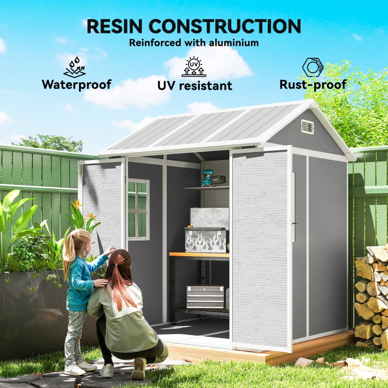 Outsunny 6' x 6' Resin Outdoor Storage Shed with Floor, Window, Lockable Doors and Vents for Backyard Patio Lawn, Grey