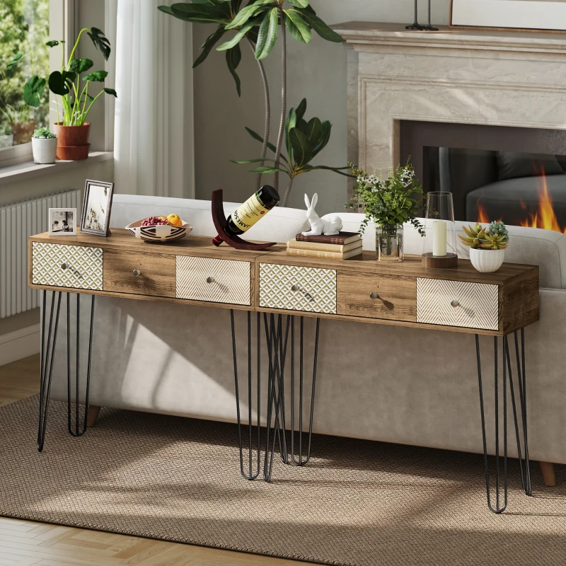 HOMCOM Narrow Console Table with Drawers, 35" Entryway Table with Hairpin Legs for Hallway, Foyer, Living Room, Brown