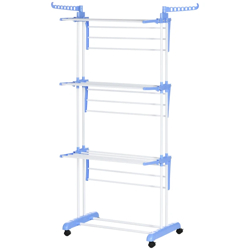HOMCOM Foldable Clothes Drying Rack, 4-Tier Steel Laundry Rack for Drying Clothes with 2 Side Wings and 4 Castors, Indoor and Outdoor Use, Blue