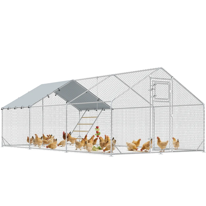 PawHut Large Metal Chicken Run with Waterproof & UV-Resistant Cover, Feeding Door, Hanging Feeder, Perch for 18-24 Chickens