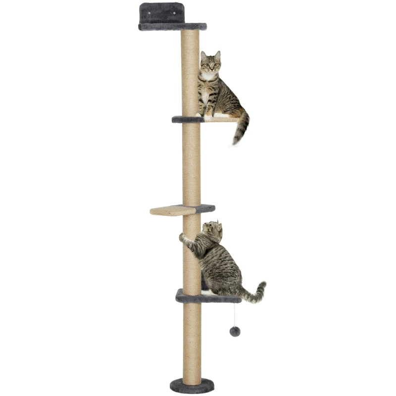 PawHut Cat Wall Shelves, Cat Wall Furniture with 4 Platforms, Jute Scratching Post for Indoor Playing, Climbing, Dark Grey