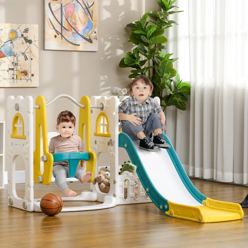 Qaba 6-in-1 Slide and Swing Set Baby Swing Playset Indoor with Basketball Hoop, Climber, Storage Space, Telescope, Yellow