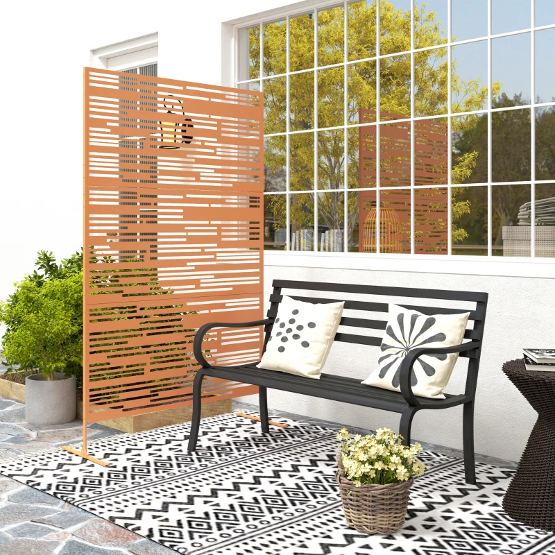 Outsunny 78" H x 48" W Metal Outdoor Privacy Screen, Freestanding Decorative Privacy Fence Screen for Balcony, Brown