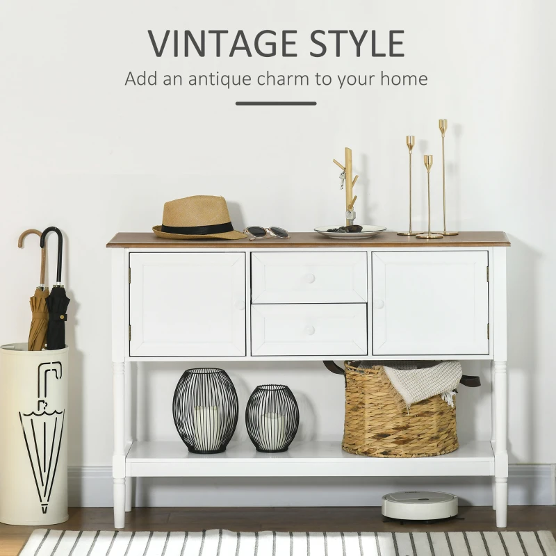 HOMCOM Vintage Console Table with 2 Drawers and Cabinets, Retro Sofa Table for Entryway, Living Room and Bedroom, White