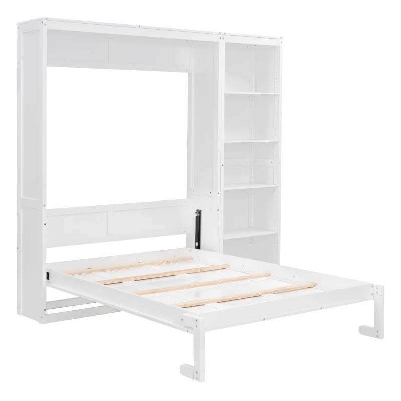 Full Size Murphy Bed with Dual Piston Mechanism, Storage Shelves, Space-Saving Wall Bed with Flexible Slats, 87.5" L x 16" W x 84" H, White