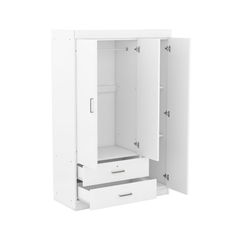 3-Door Wardrobe with 2 Drawers and MDF Construction, Modern Design with Shelves and Hanging Rail, 41.5" L x 18.5" W x 68" H, White