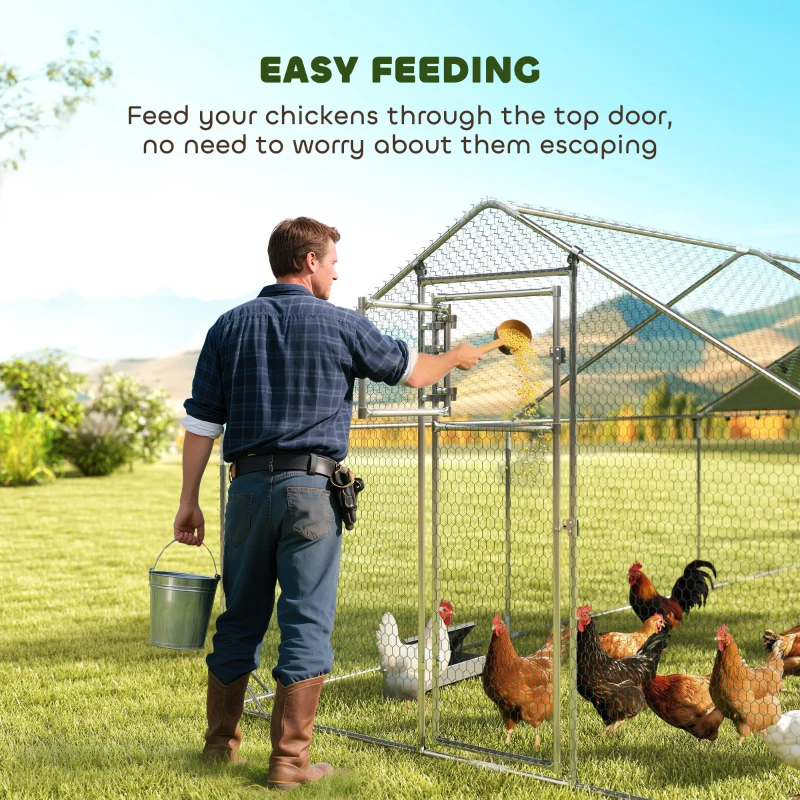 PawHut Metal Chicken Run w/ Waterproof & Anti-UV Cover, Feeding Door, Hanging Feeder, for 18-24 Chickens, 9.8' x 19.7' x 6.4'