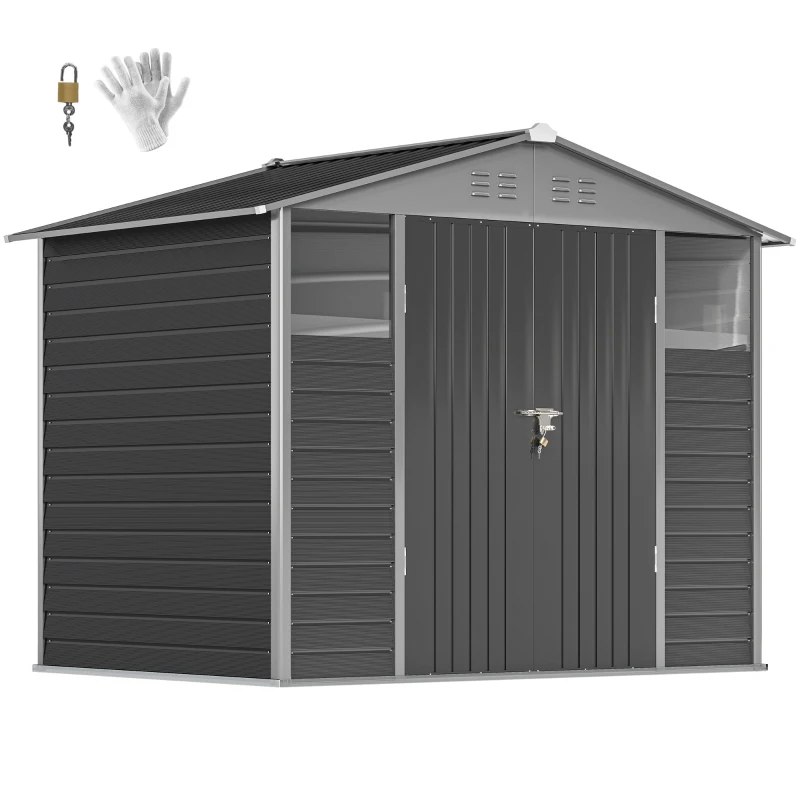 Outsunny 8' x 6' Outdoor Storage Shed, Metal Garden Shed with 2 Windows, 4 Vents, Lockable Doors and Gloves, Dark Grey