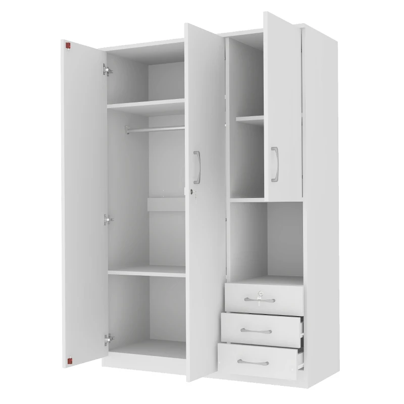 2-Door Wooden Wardrobe with Shelves and 3 Drawers, Built-in Hanging Rod and Lockable Drawer, 47" L x 20" W x 69" H, White