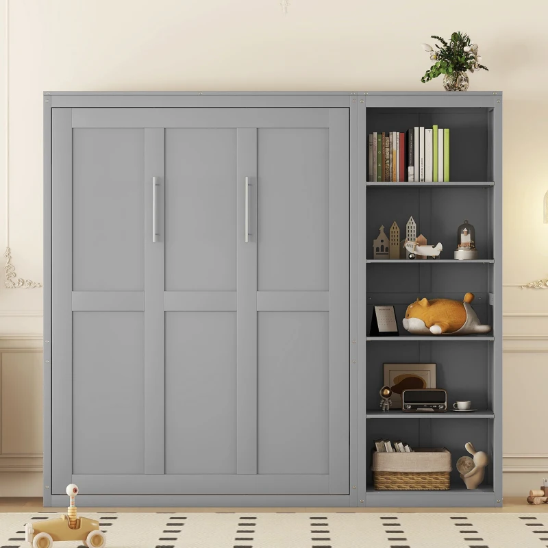 Queen Size Murphy Bed with Storage Shelves, Dual Piston Mechanism, Space-Saving Wall Bed with Flexible Slats, 94" L x 16" W x 88.5" H, Grey