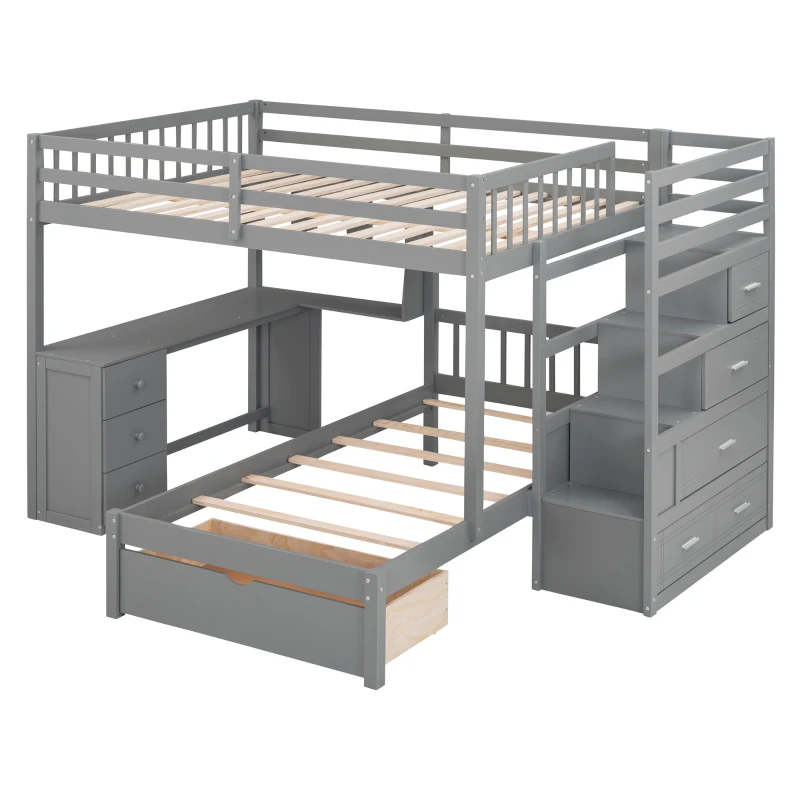 Full Over Twin Bunk Bed with Study Desk, Drawers and Shelves, Space-Saving Design, Ideal for Kids' Room, 98" L x 80" W x 64.5" H, Grey