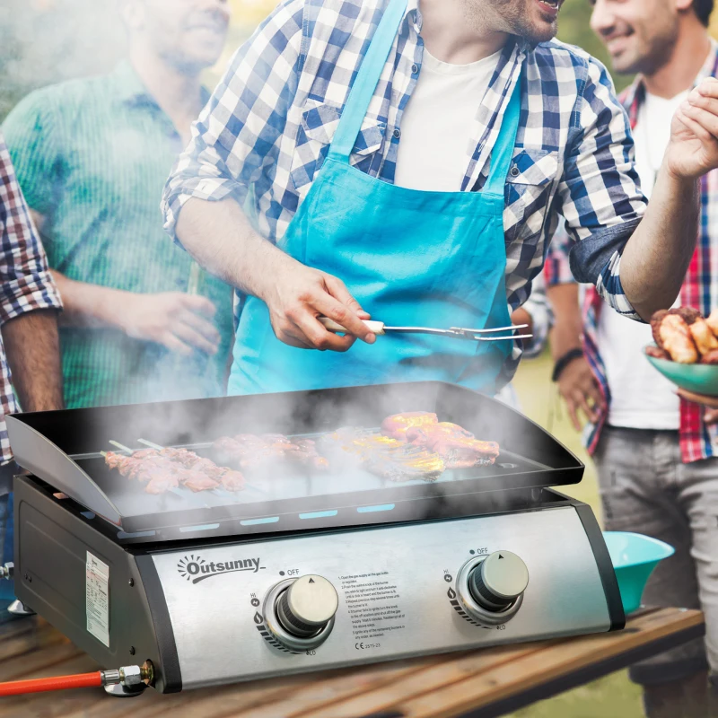 Outsunny 2 Burner Liquefied Gas Grill, Portable Tabletop BBQ Grill, for Camping, Picnic, Silver