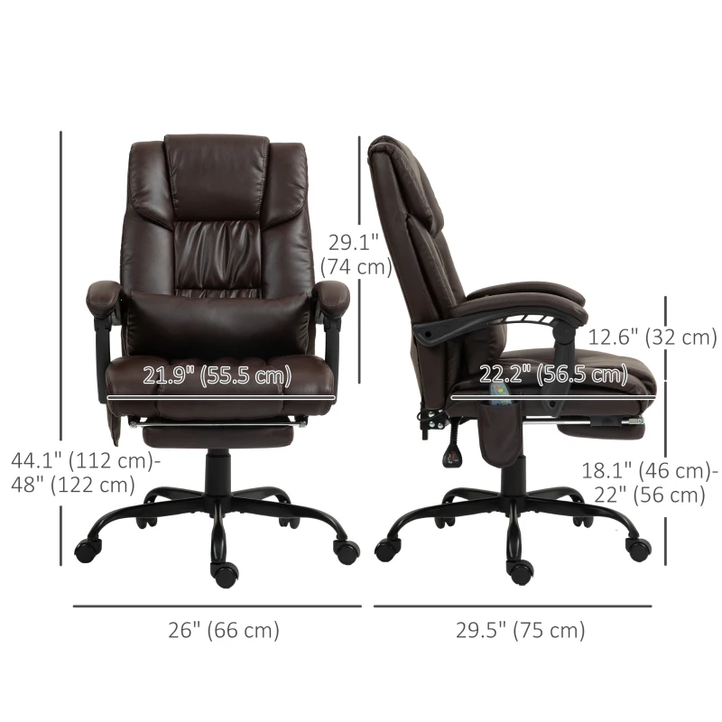 Vinsetto 6-Point Vibration Massage Chair, Height Adjustable Reclining Computer Chair with Retractable Footrest, Brown