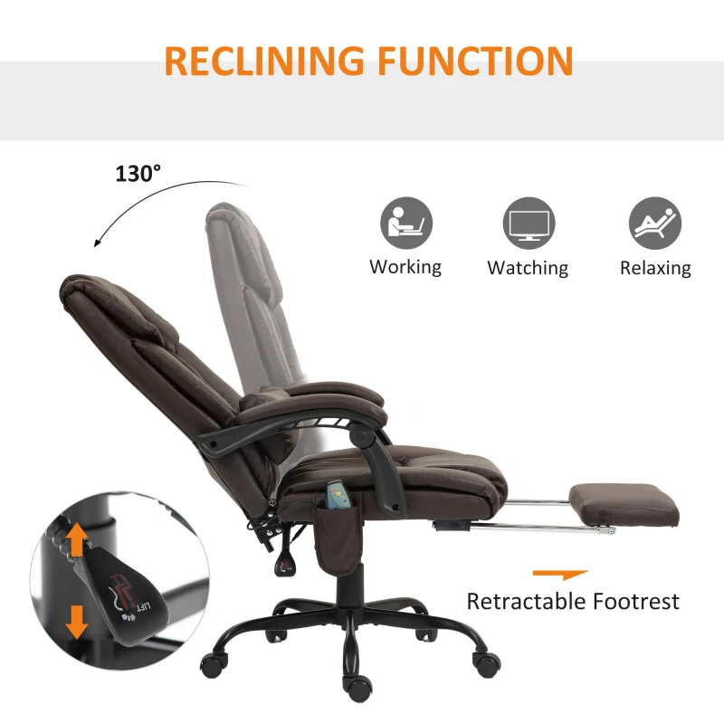 Vinsetto 6-Point Vibration Massage Chair, Height Adjustable Reclining Computer Chair with Retractable Footrest, Brown
