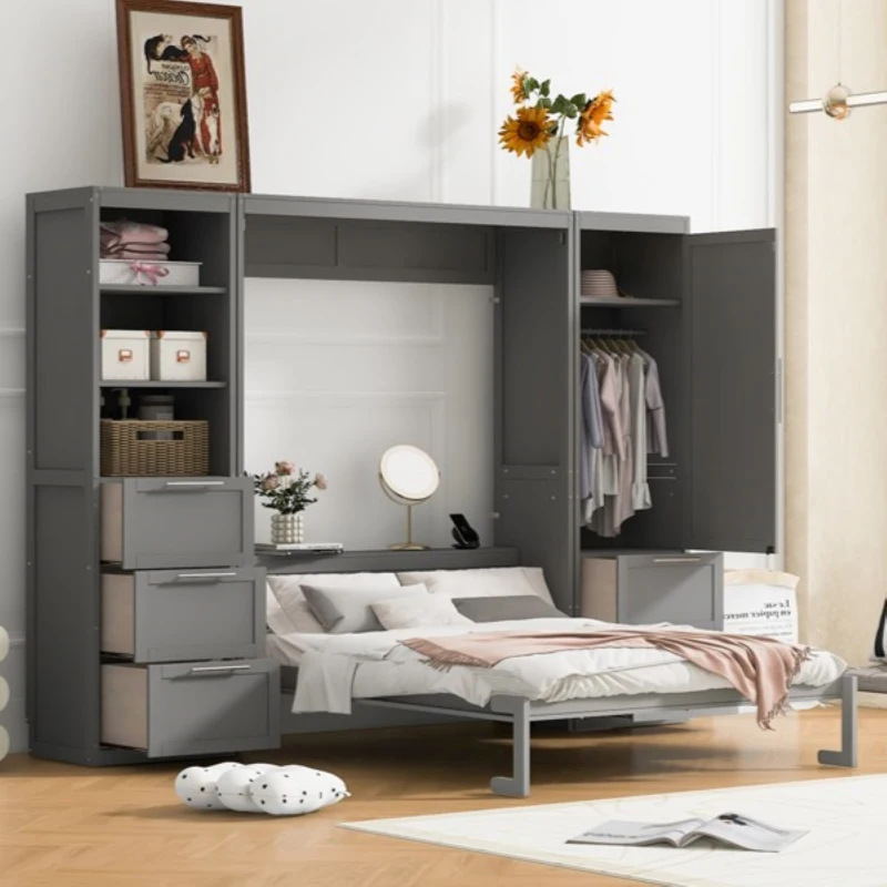 Queen Size Murphy Bed with Closet, Drawers and Shelves, Space-saving Design and Integrated Storage, 120" L x 20" W x 88.5" H, Grey