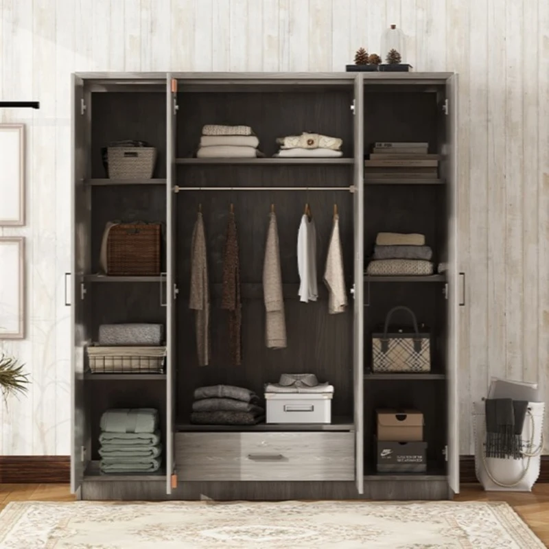 4-Door Wardrobe with Hanging Rail, Locking Drawer, Black Handles, MDF Construction, Ideal for Small Bedrooms, 59" L x 20" W x 68" H, Grey