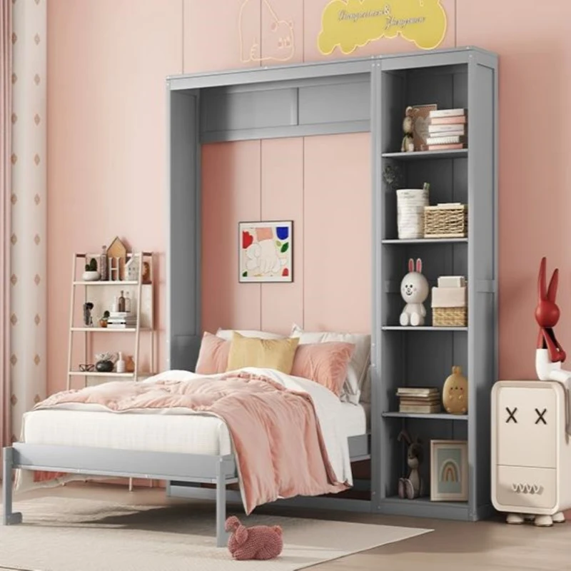 Full Size Murphy Bed with Shelves, Dual Piston Mechanism, Space-Saving Wall Bed with Flexible Slats, 87.5" L x 16" W x 84" H, Grey