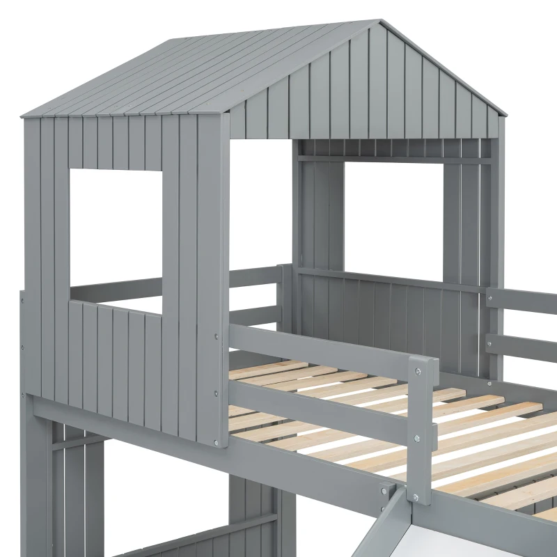 Wooden Twin Over Full Bunk Bed with Playhouse, Farmhouse Loft Bed with Ladder, Slide and Guardrails, 82" L x 89" W x 82.5" H, Grey