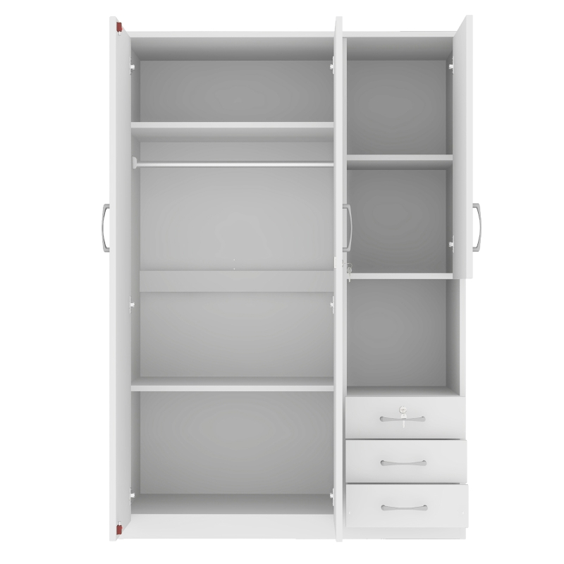 2-Door Wooden Wardrobe with Shelves and 3 Drawers, Built-in Hanging Rod and Lockable Drawer, 47" L x 20" W x 69" H, White
