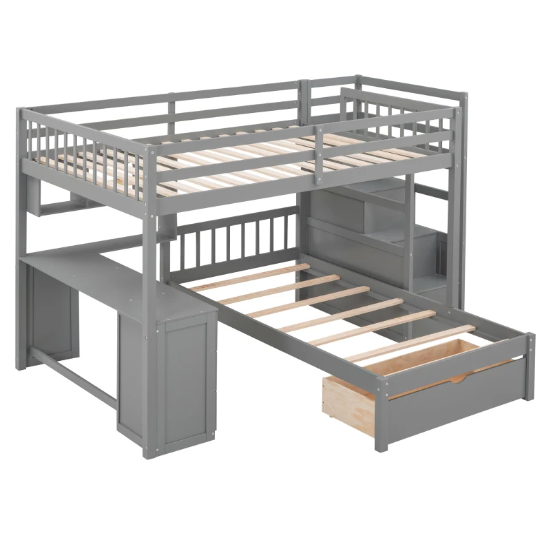 Full Over Twin Bunk Bed with Study Desk, Drawers and Shelves, Space-Saving Design, Ideal for Kids' Room, 98" L x 80" W x 64.5" H, Grey