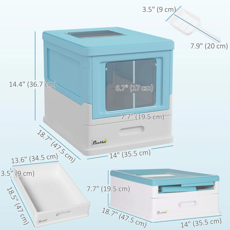 PawHut Top Entry Enclosed Kitty Litter Box with Scoop, Tray, Front Entry, Large Space, Foldable, Portable, Blue