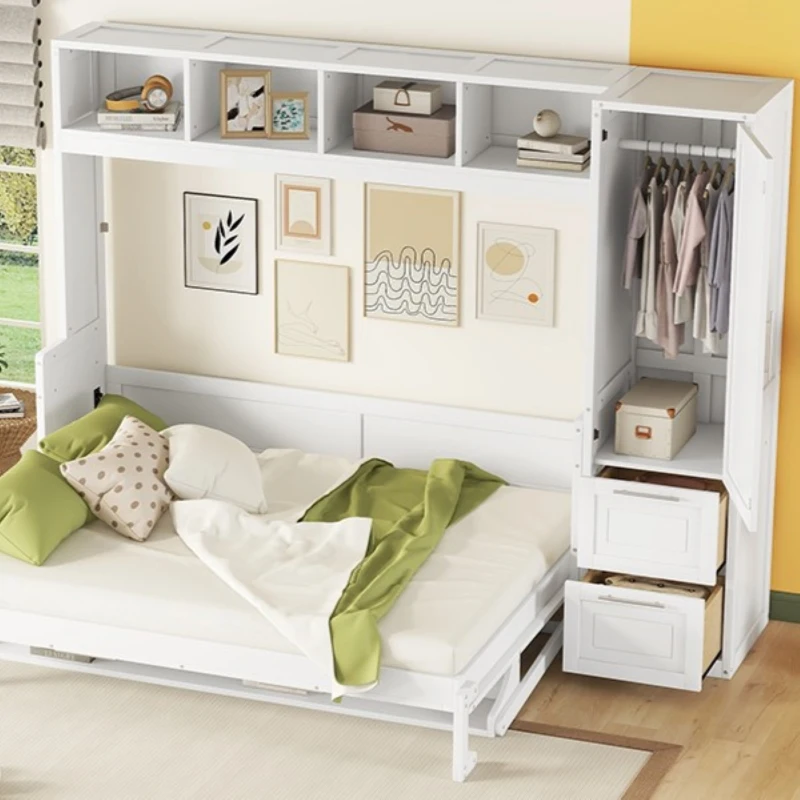 Queen Size Murphy Bed with Side Flip, Closet and Drawers, Space-saving Wall Bed with Integrated Storage, 112" L x 21.5" W x 78.5" H, White