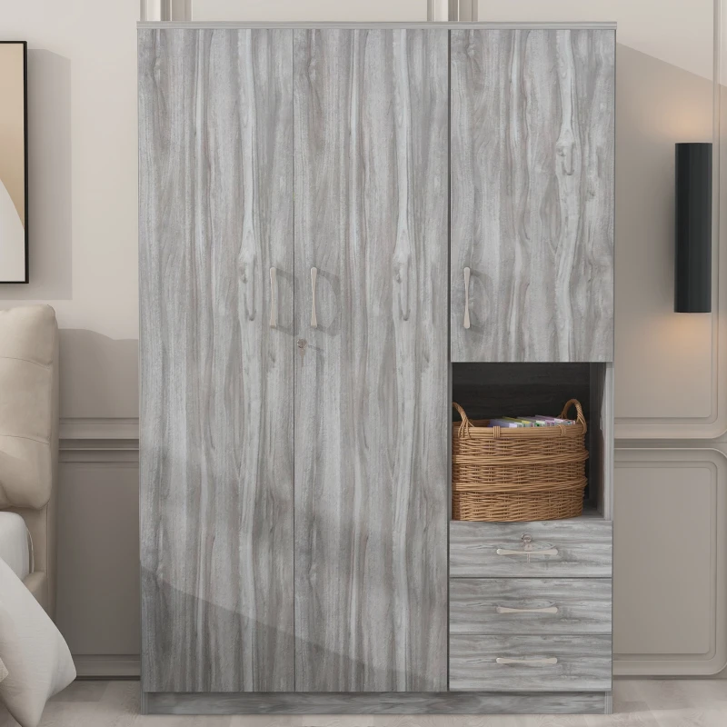 2-Door Wooden Wardrobe with Shelves and 3 Drawers, Built-in Hanging Rod, Safe and Stable Design, 47" L x 20" W x 69" H, Grey