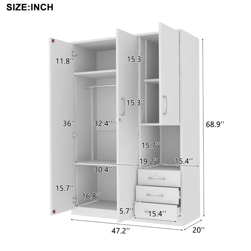2-Door Wooden Wardrobe with Shelves and 3 Drawers, Built-in Hanging Rod and Lockable Drawer, 47" L x 20" W x 69" H, White