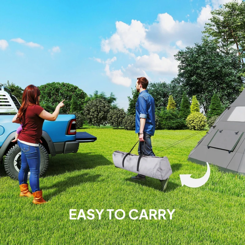 Outsunny 6 People Camping in a Family Teepee Tent with Mesh Windows, Tent Floor, Door and Carry Bag for Hiking, Picnic, Grey