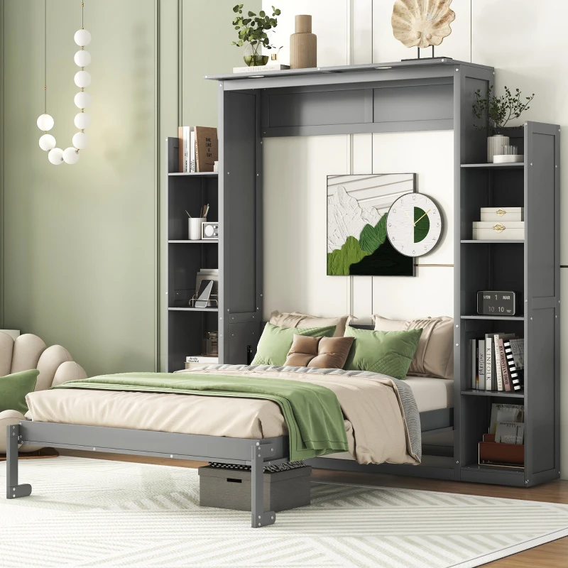 Full Size Murphy Bed with Shelves, LED Lights, Space-Saving Wall Bed with Flexible Slats, Dual Piston Mechanism, 91" L x 81" W x 84" H, Grey