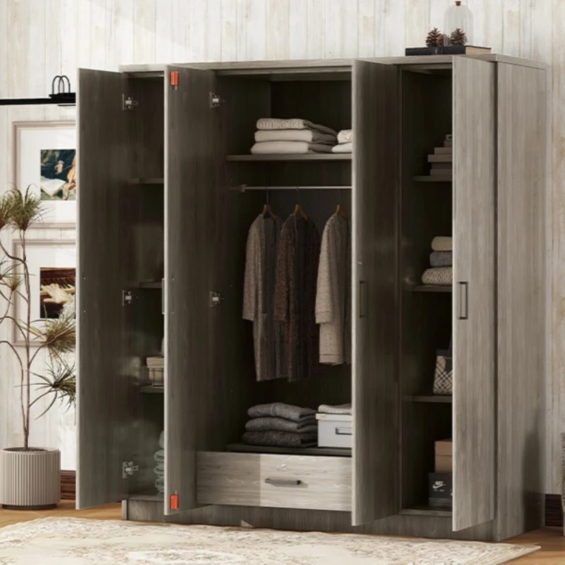 4-Door Wardrobe with Hanging Rail, Locking Drawer, Black Handles, MDF Construction, Ideal for Small Bedrooms, 59" L x 20" W x 68" H, Grey