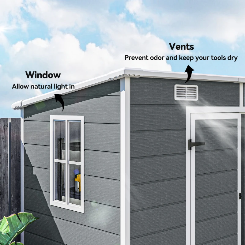 Outsunny 8' x 4' Plastic Outdoor Storage Shed with Floor, Window, Lockable Doors and Vents for Backyard Patio Lawn, Gray(m-7)